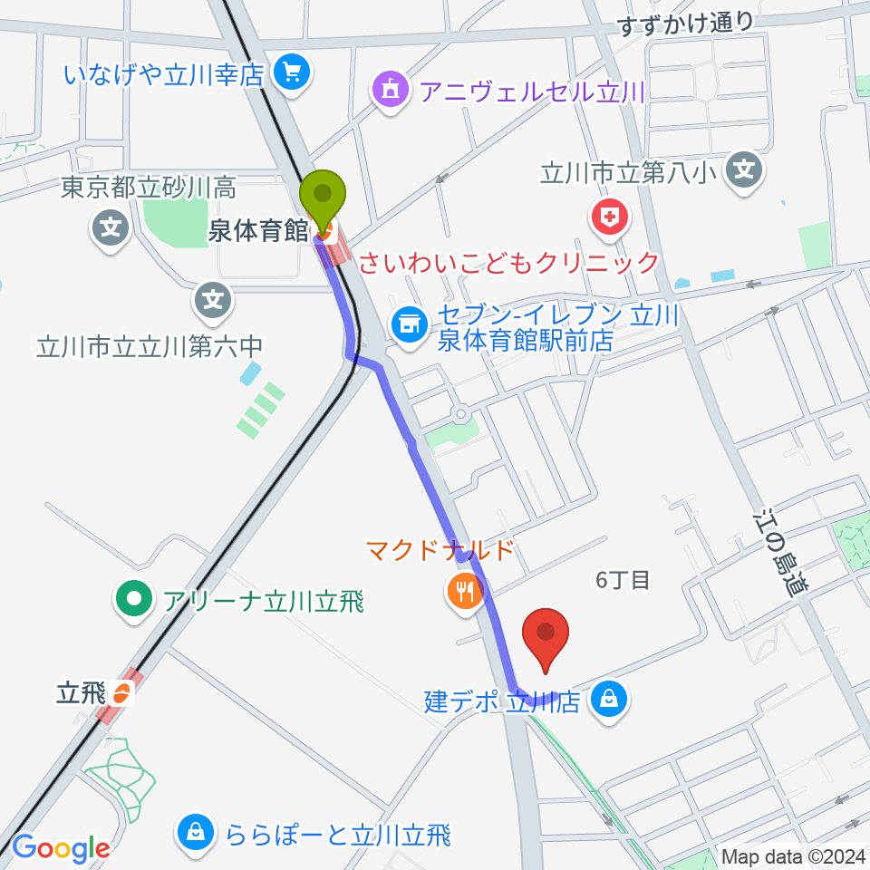 泉体育館駅からエフエムたちかわへのルートマップ地図