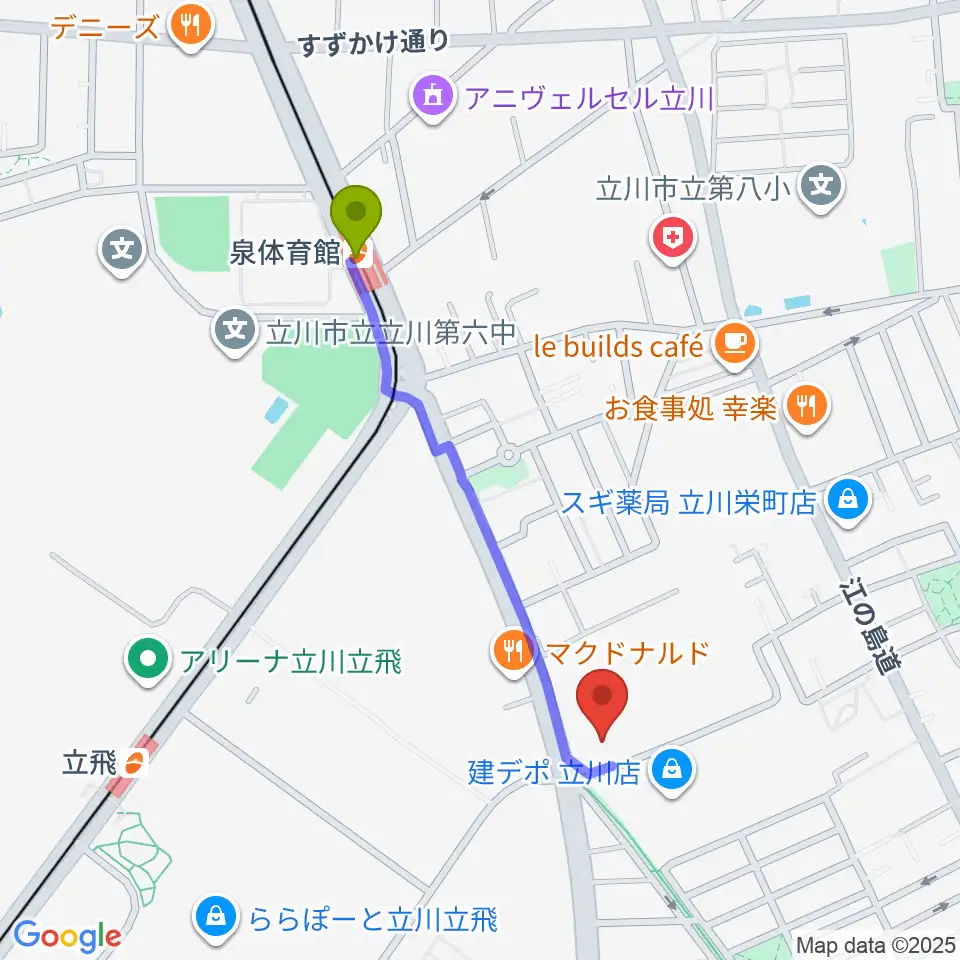 泉体育館駅からエフエムたちかわへのルートマップ地図