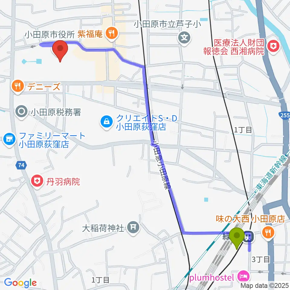 緑町駅からFMおだわらへのルートマップ地図