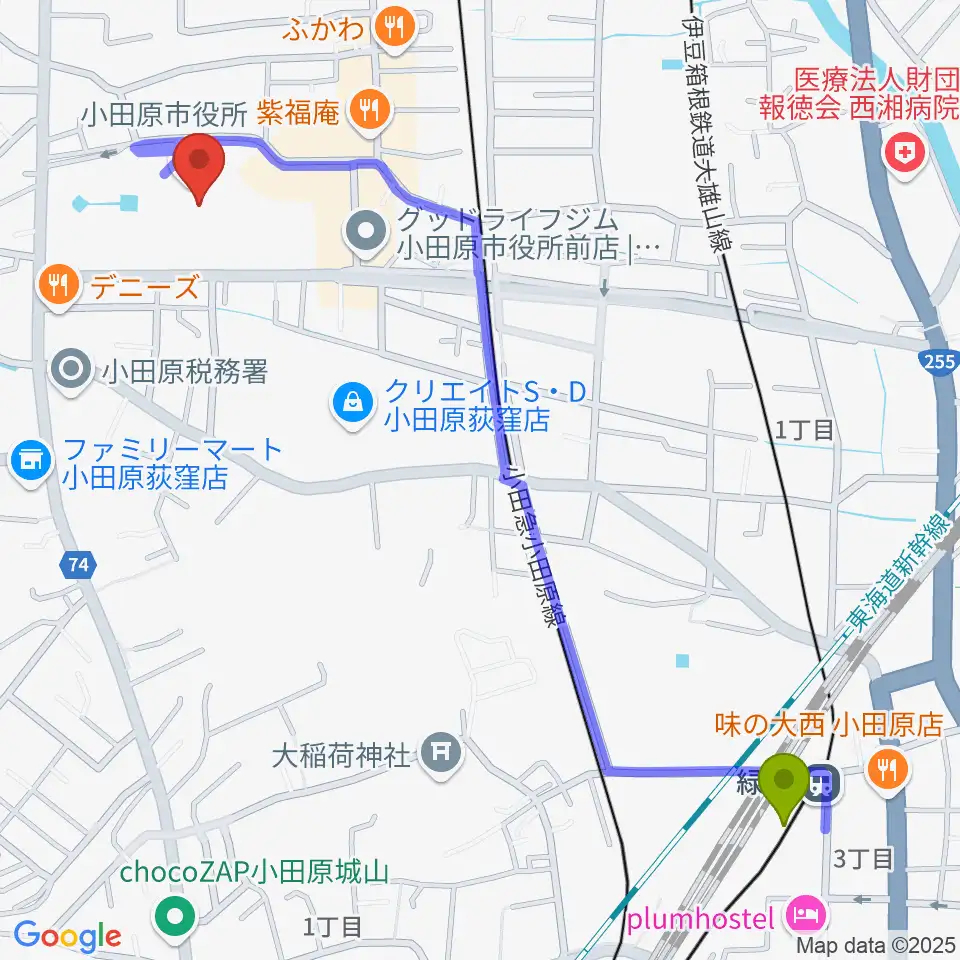 緑町駅からFMおだわらへのルートマップ地図