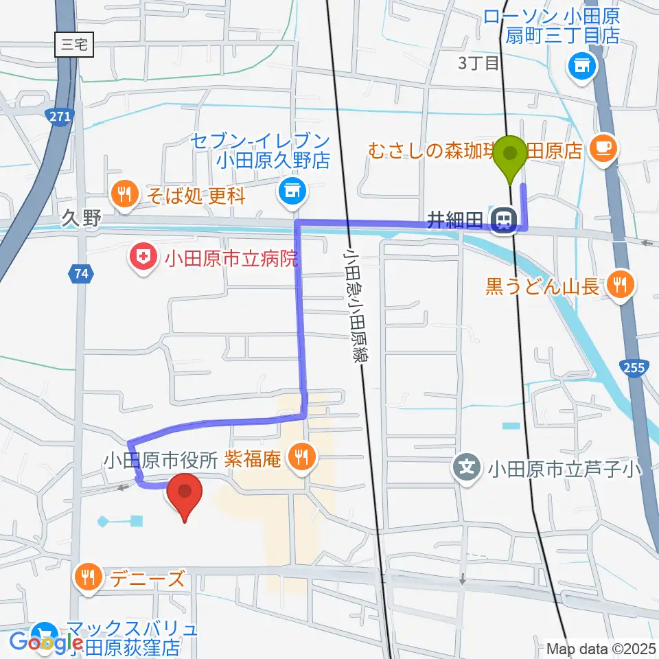 FMおだわらの最寄駅井細田駅からの徒歩ルート（約11分）地図