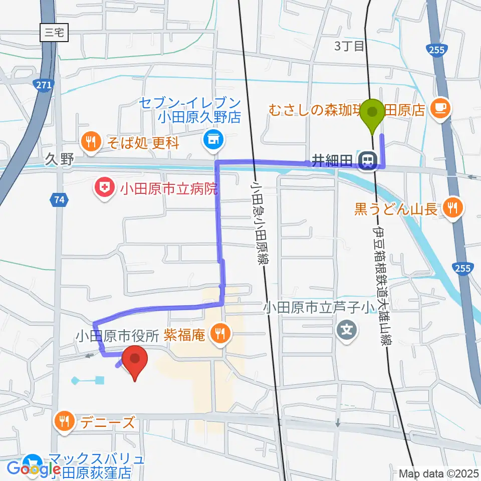FMおだわらの最寄駅井細田駅からの徒歩ルート（約11分）地図
