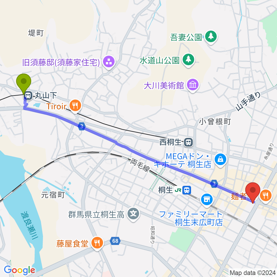 丸山下駅からFM桐生へのルートマップ地図