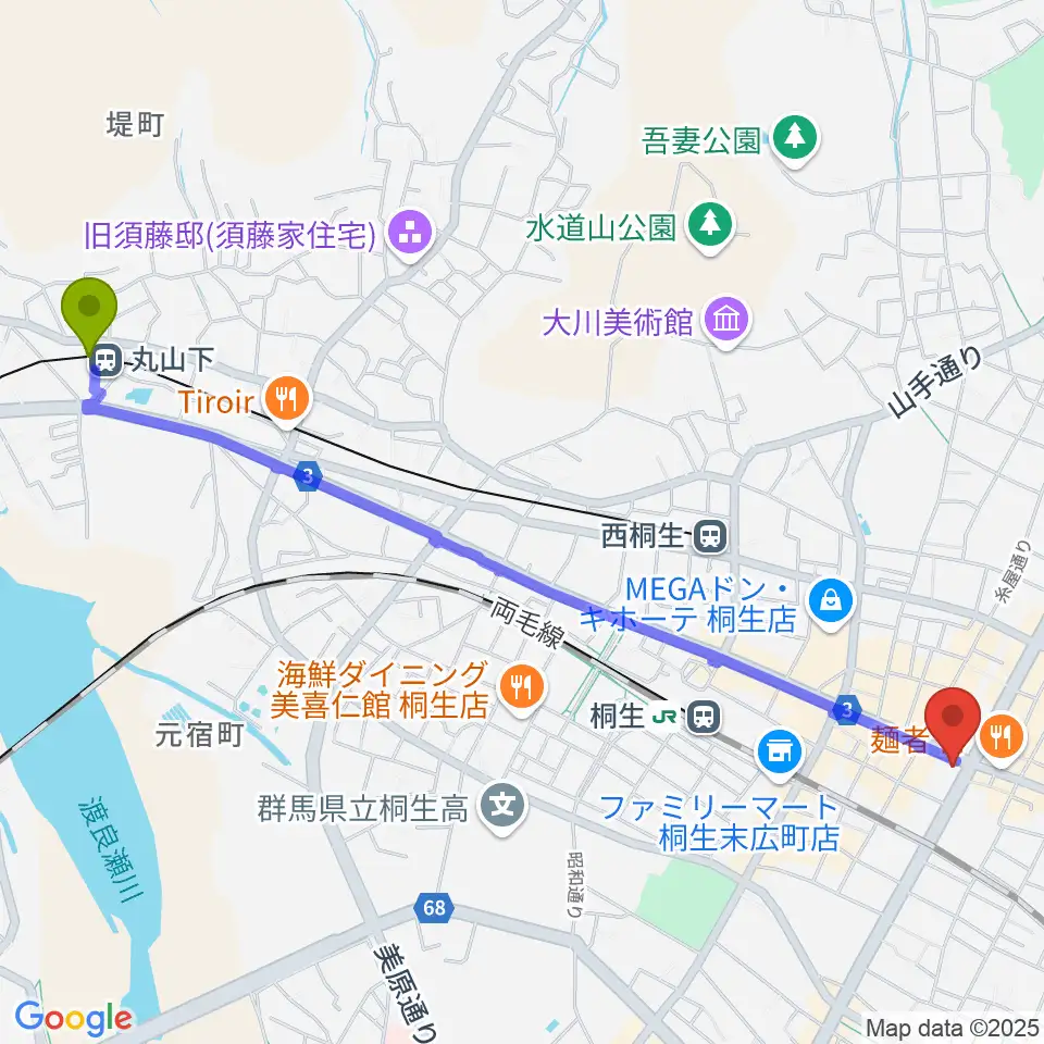 丸山下駅からFM桐生へのルートマップ地図