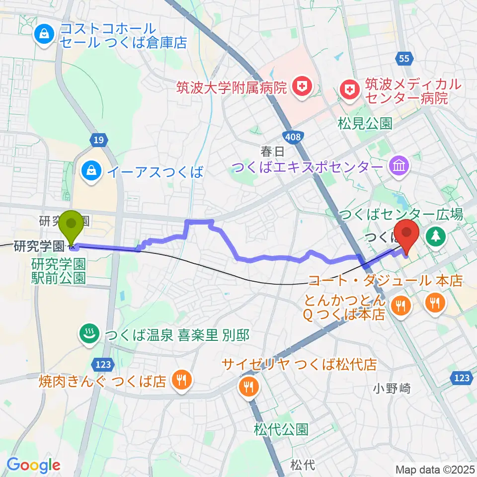 研究学園駅からラヂオつくばへのルートマップ地図