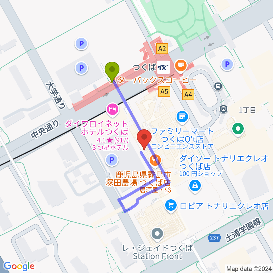 ラヂオつくばの最寄駅つくば駅からの徒歩ルート（約2分）地図