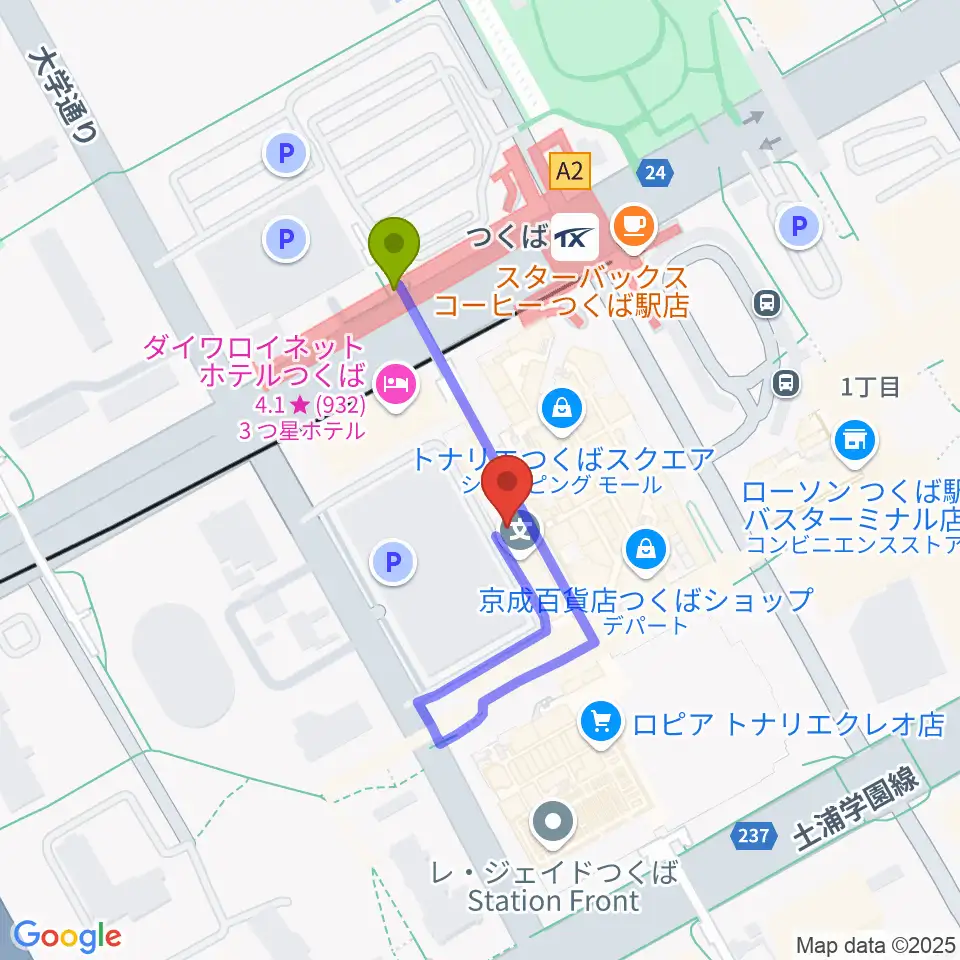 ラヂオつくばの最寄駅つくば駅からの徒歩ルート（約2分）地図