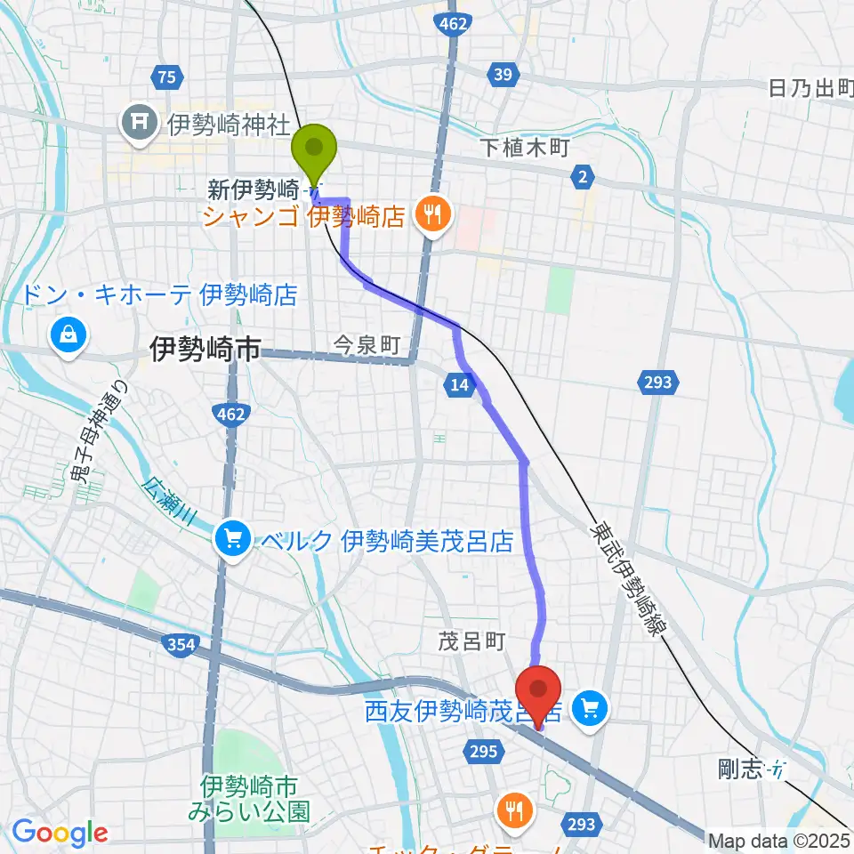 新伊勢崎駅からいせさきFMへのルートマップ地図