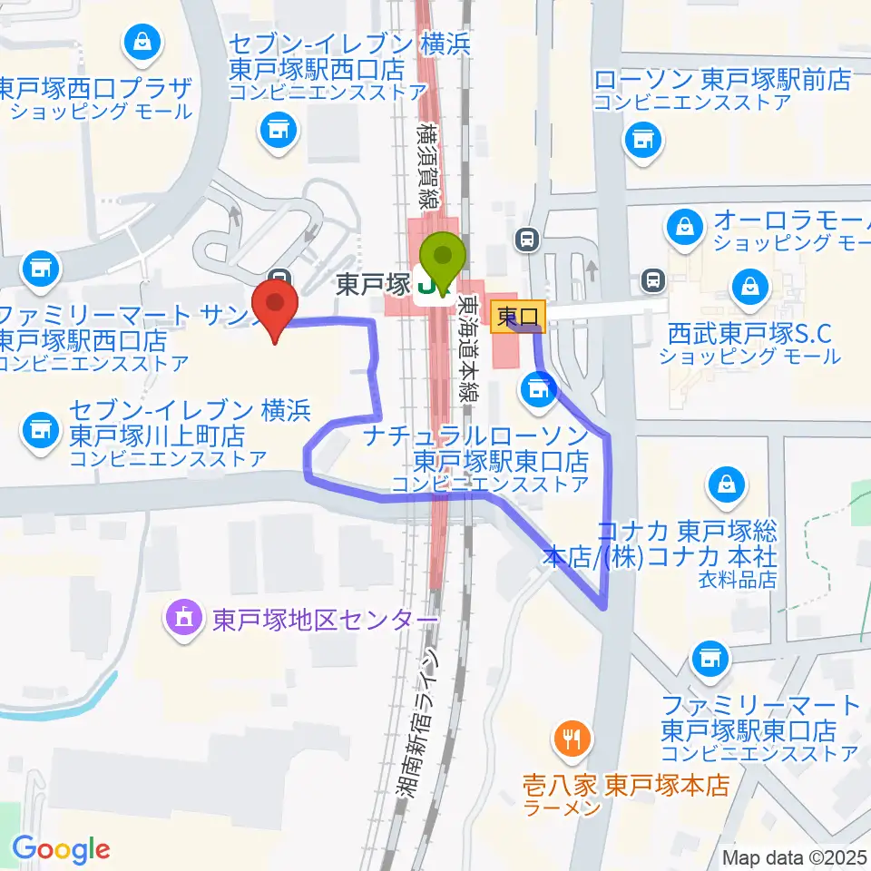 エフエム戸塚の最寄駅東戸塚駅からの徒歩ルート（約2分）地図