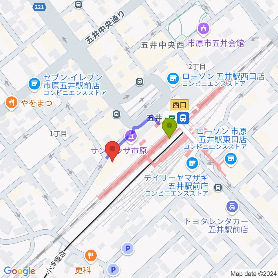 いちはらFMの最寄駅五井駅からの徒歩ルート（約2分）地図