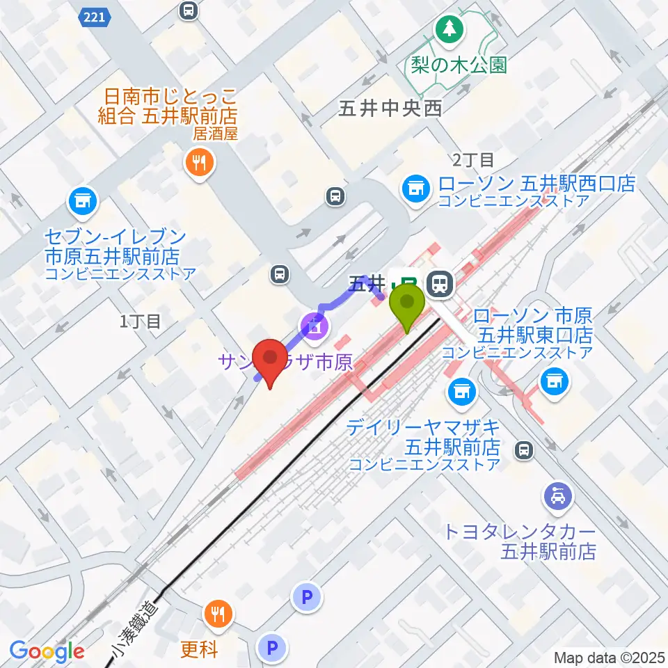 いちはらFMの最寄駅五井駅からの徒歩ルート（約2分）地図