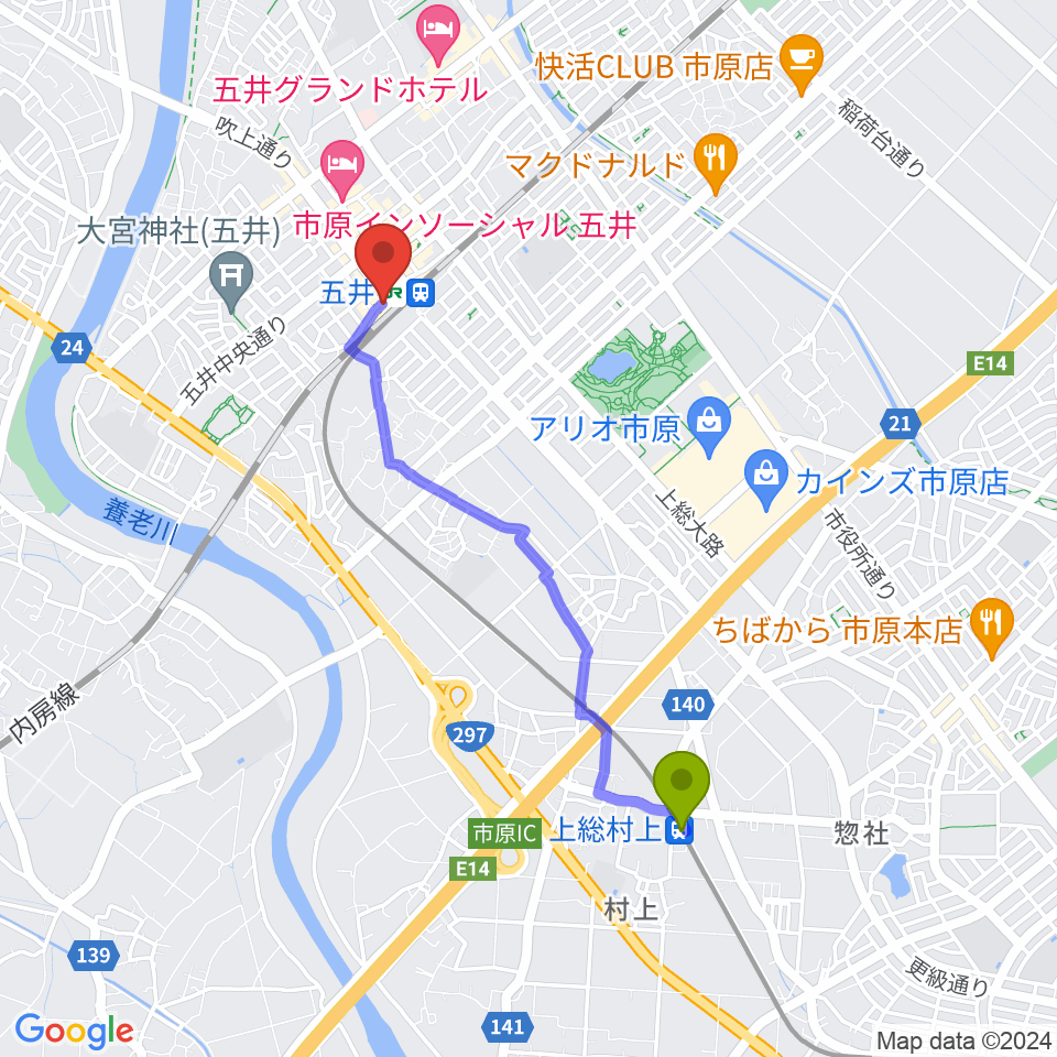 上総村上駅からいちはらFMへのルートマップ地図