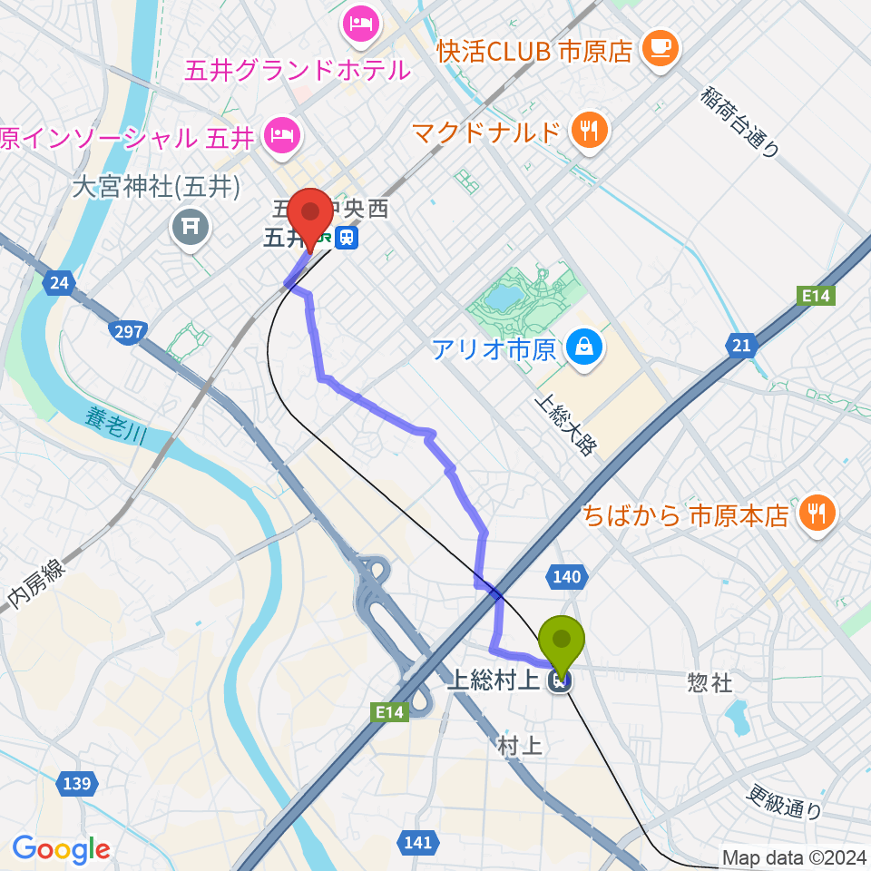 上総村上駅からいちはらFMへのルートマップ地図