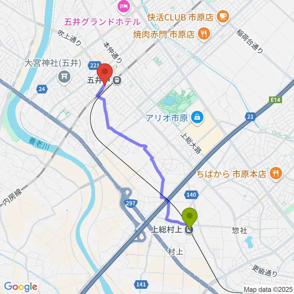 上総村上駅からいちはらFMへのルートマップ地図