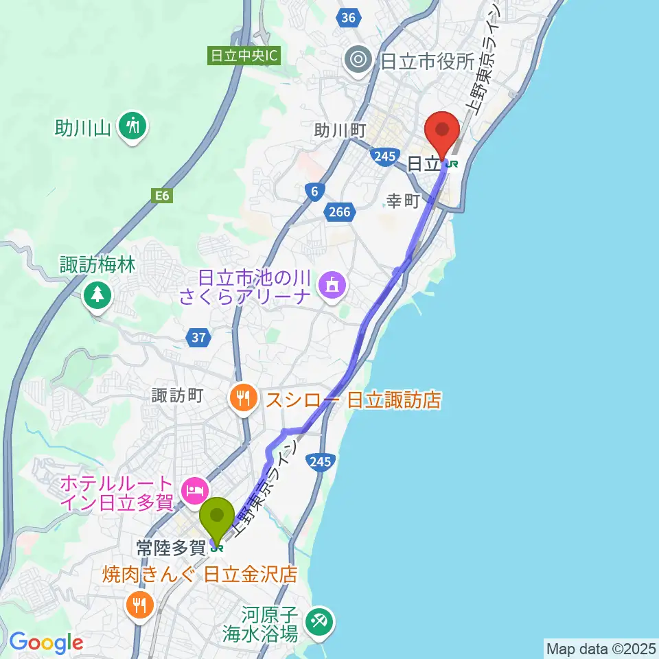 常陸多賀駅からFMひたちへのルートマップ地図
