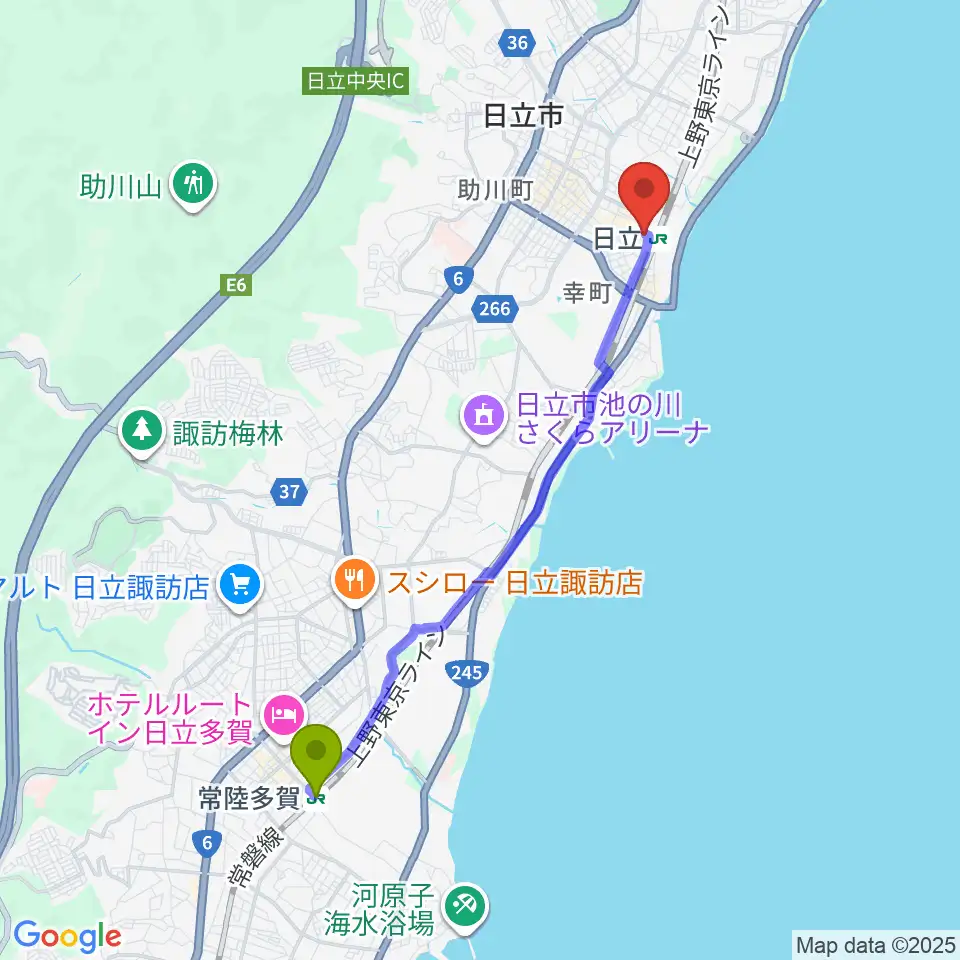 常陸多賀駅からFMひたちへのルートマップ地図