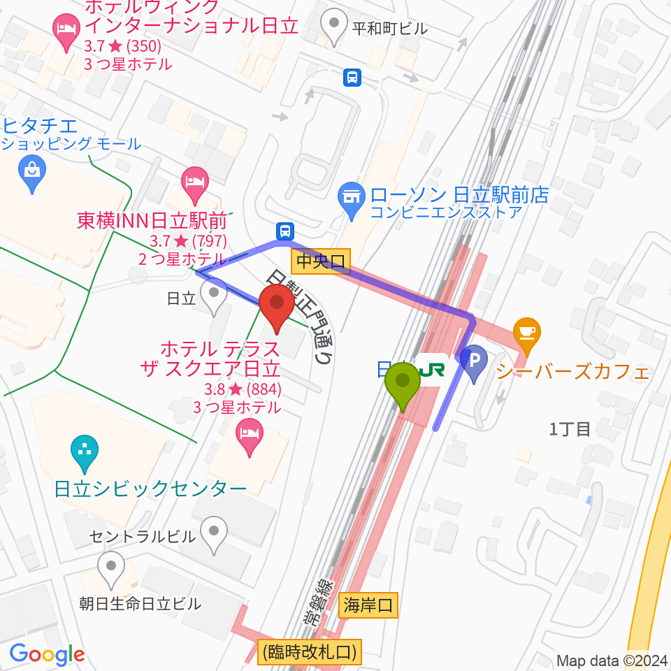 FMひたちの最寄駅日立駅からの徒歩ルート（約2分）地図
