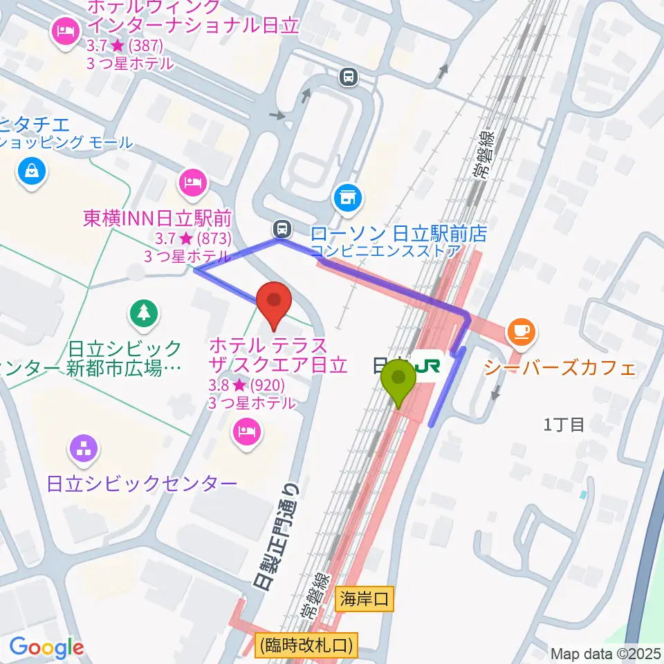 FMひたちの最寄駅日立駅からの徒歩ルート（約2分）地図