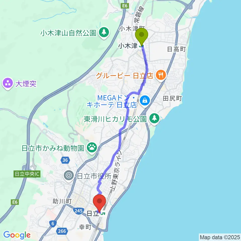 小木津駅からFMひたちへのルートマップ地図