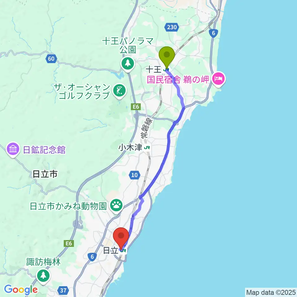 十王駅からFMひたちへのルートマップ地図