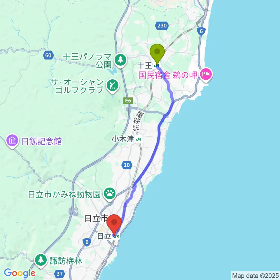 十王駅からFMひたちへのルートマップ地図