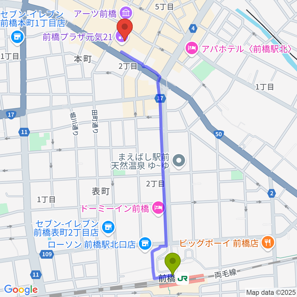 前橋駅からM-wave まえばしCITYエフエムへのルートマップ地図