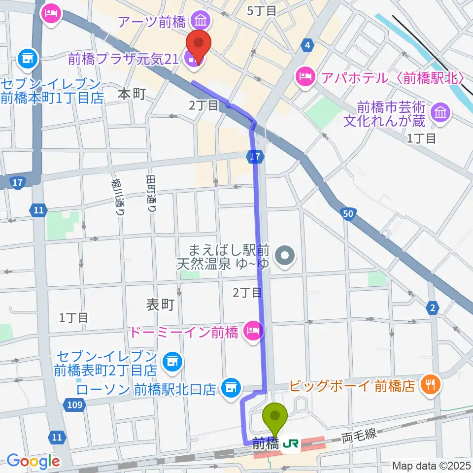 前橋駅からM-wave まえばしCITYエフエムへのルートマップ地図