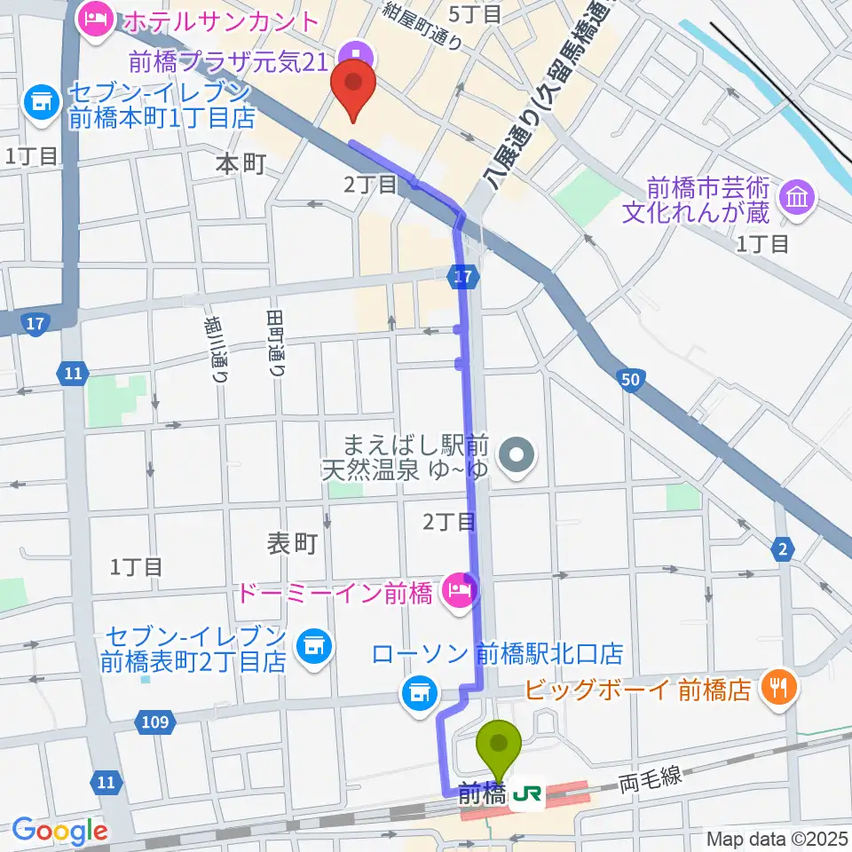 前橋駅からまえばしCITYエフエムへのルートマップ地図