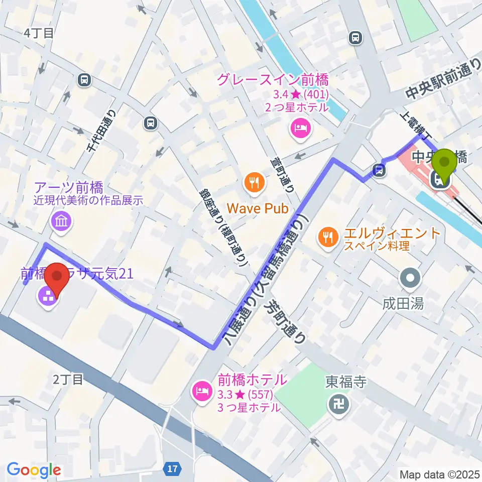 M-wave まえばしCITYエフエムの最寄駅中央前橋駅からの徒歩ルート（約6分）地図