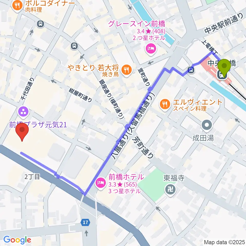 まえばしCITYエフエムの最寄駅中央前橋駅からの徒歩ルート（約7分）地図