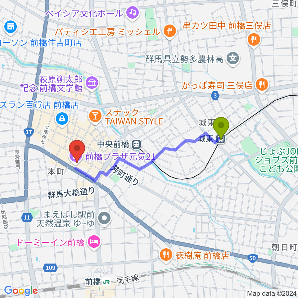 城東駅からM-wave まえばしCITYエフエムへのルートマップ地図