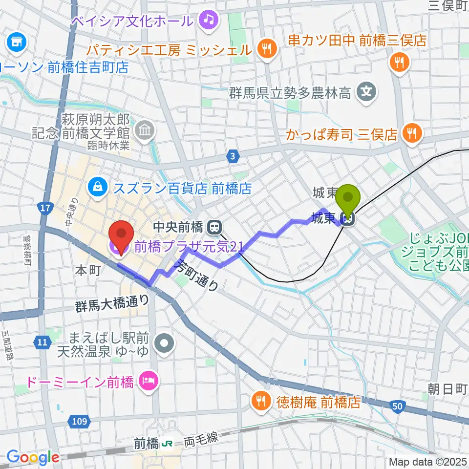 城東駅からM-wave まえばしCITYエフエムへのルートマップ地図