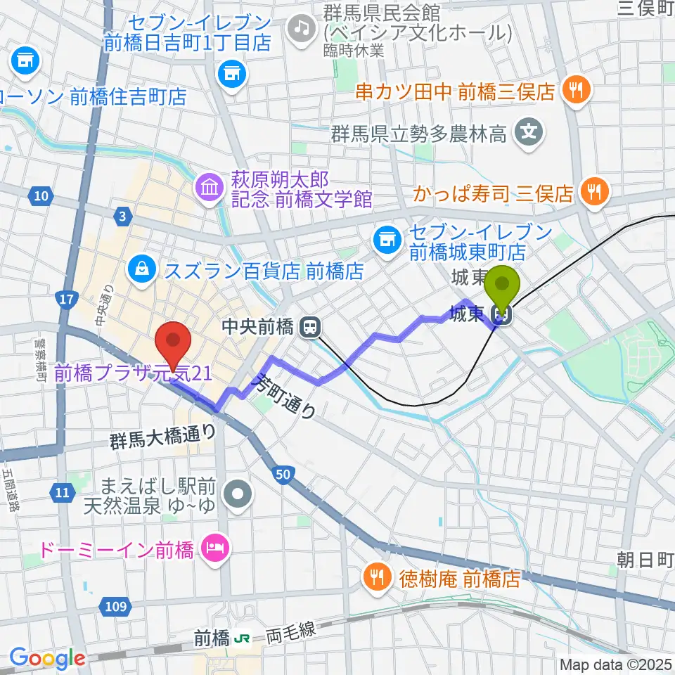 城東駅からまえばしCITYエフエムへのルートマップ地図