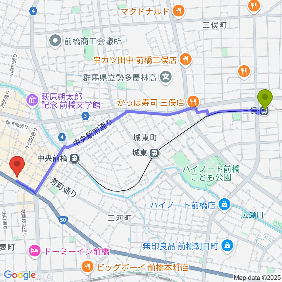 三俣駅からまえばしCITYエフエムへのルートマップ地図