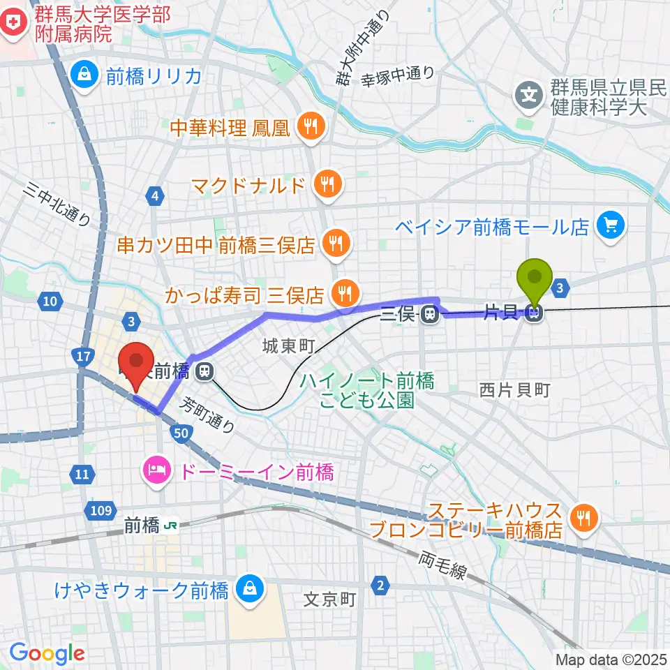 片貝駅からまえばしCITYエフエムへのルートマップ地図