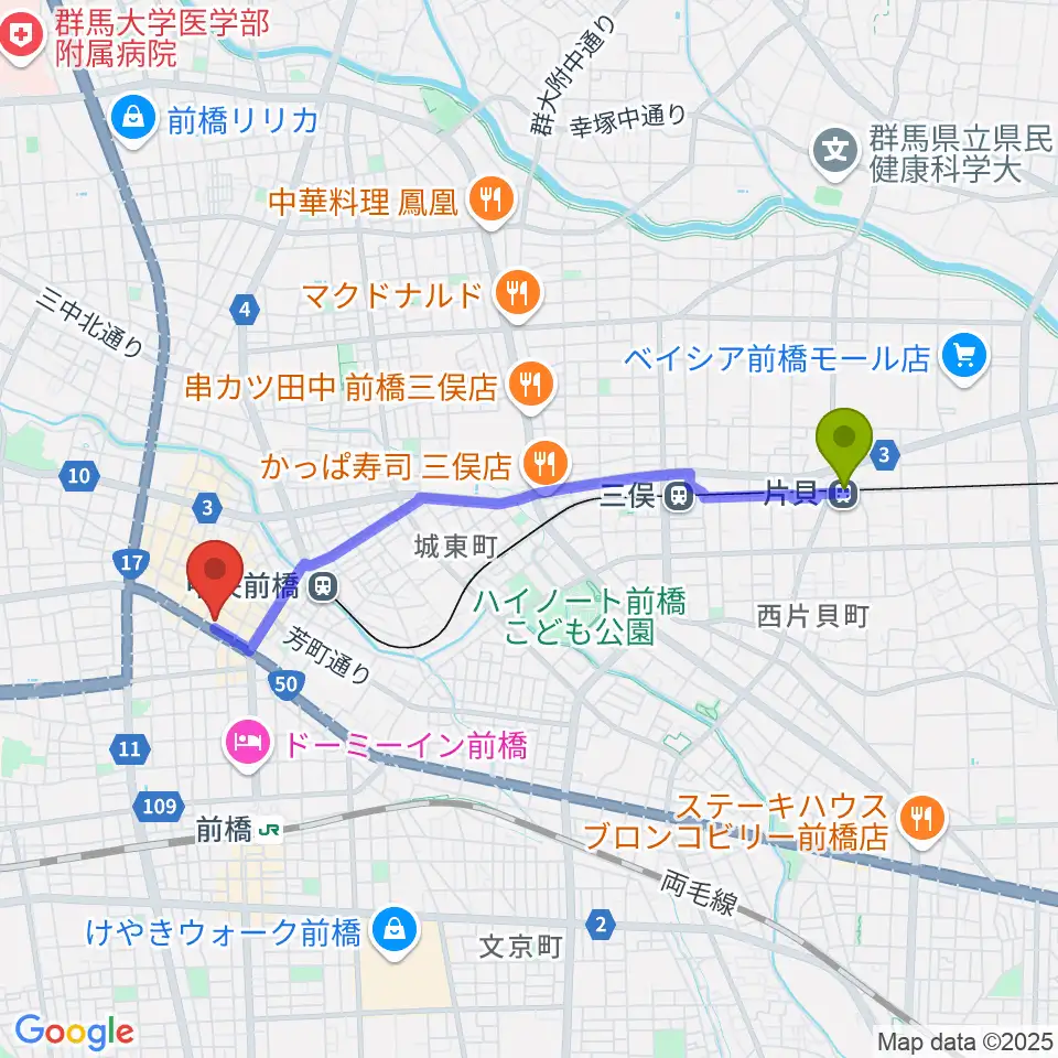 片貝駅からまえばしCITYエフエムへのルートマップ地図