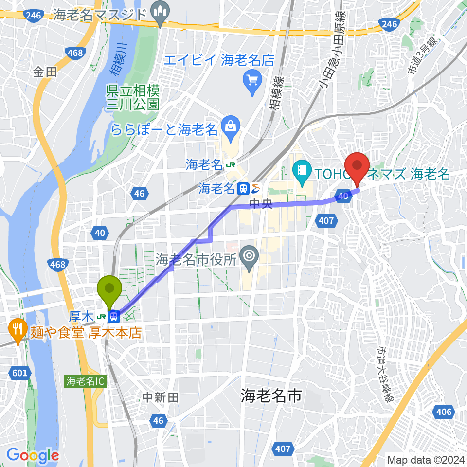 厚木駅からFMカオンへのルートマップ地図