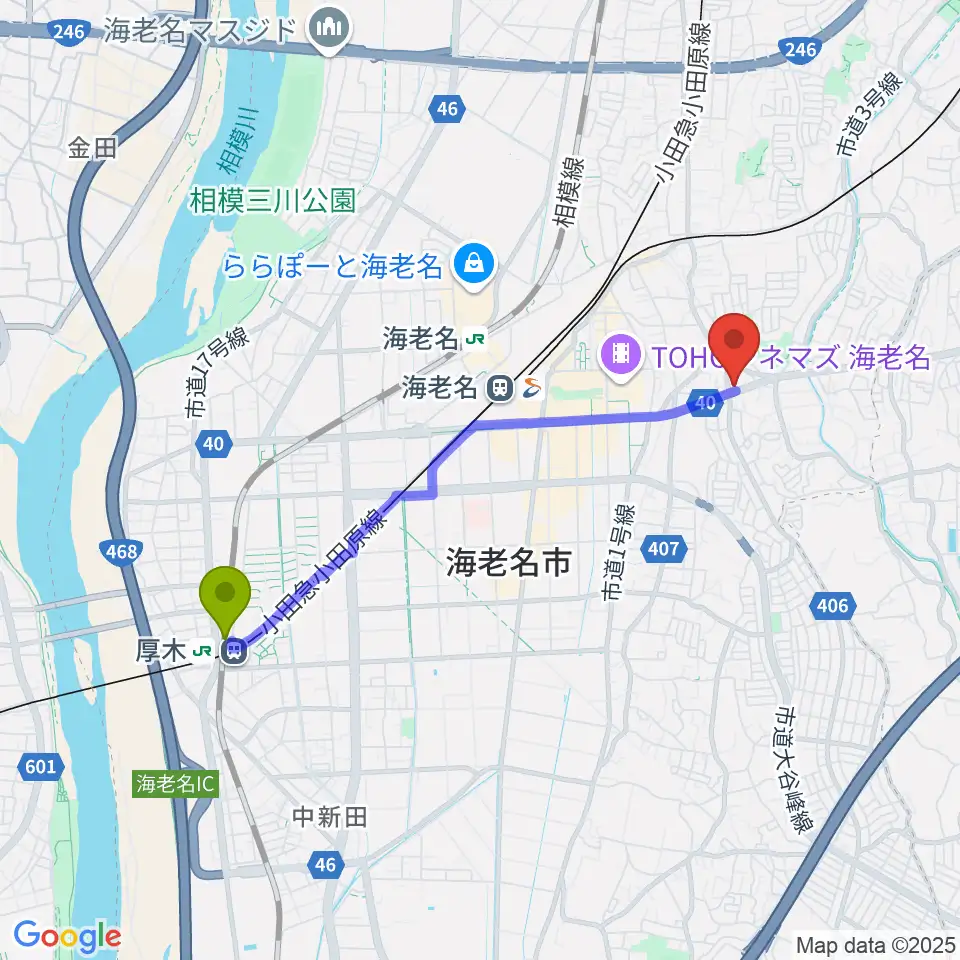 厚木駅からFMカオンへのルートマップ地図