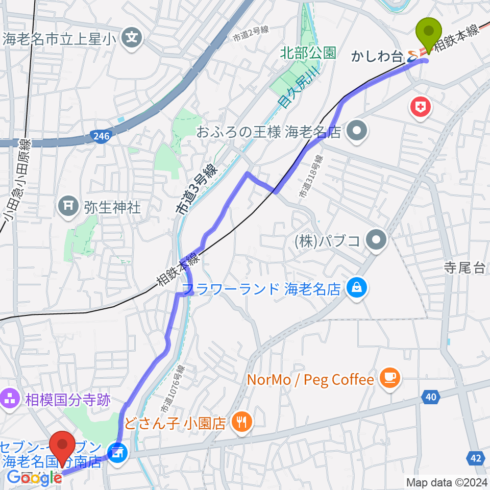 かしわ台駅からFMカオンへのルートマップ地図