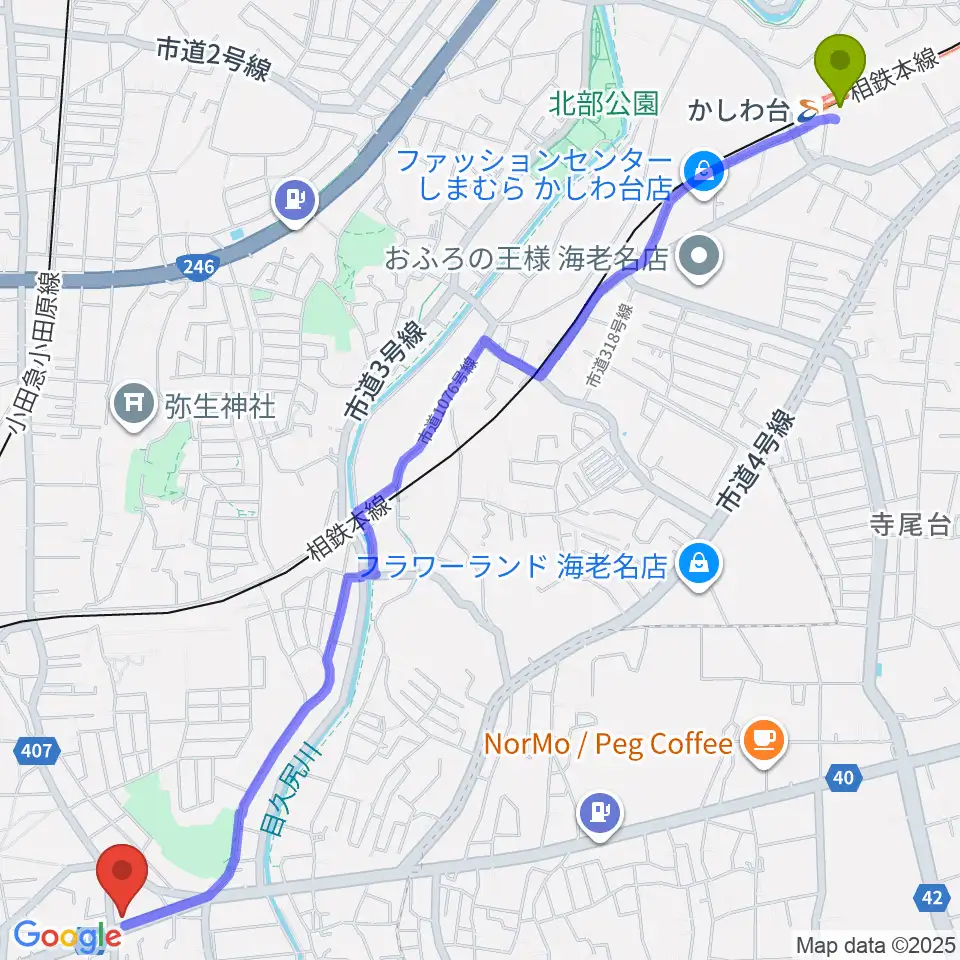 かしわ台駅からFMカオンへのルートマップ地図