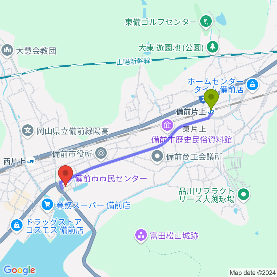 備前片上駅から備前市市民センターへのルートマップ地図