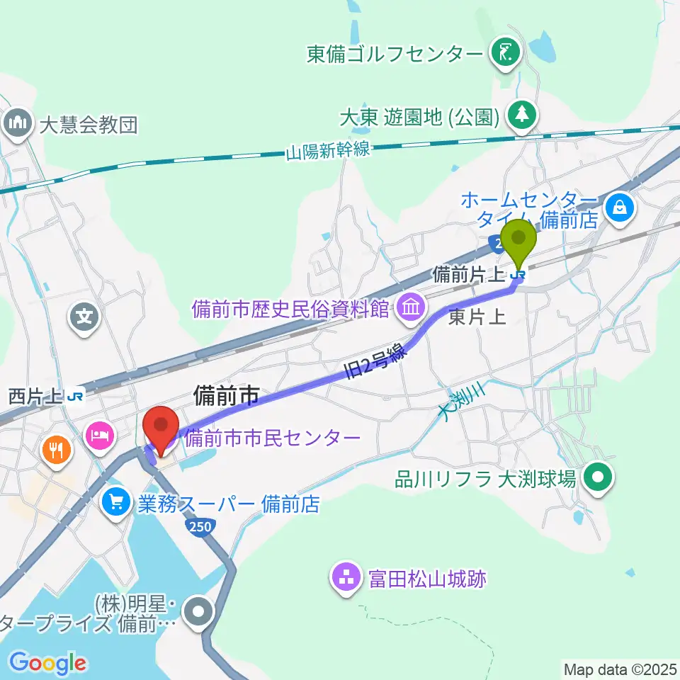 備前片上駅から備前市市民センターへのルートマップ地図