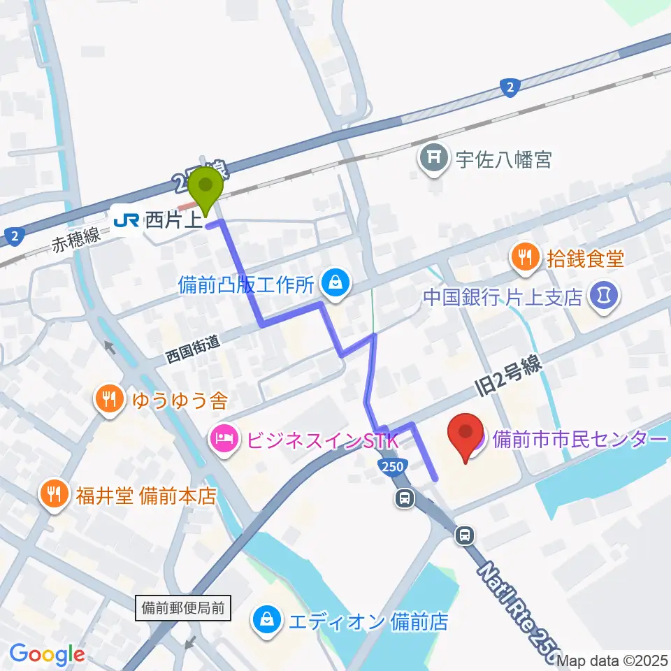 備前市市民センターの最寄駅西片上駅からの徒歩ルート（約4分）地図