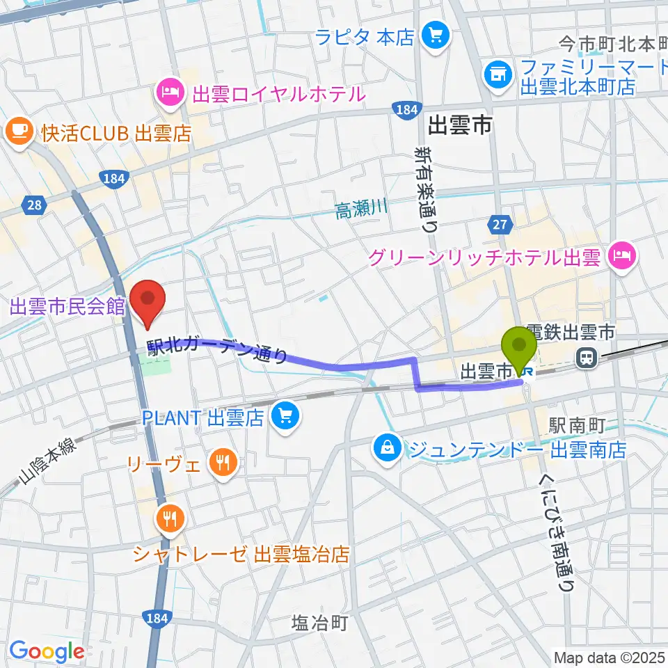 出雲市民会館の最寄駅出雲市駅からの徒歩ルート（約18分）地図
