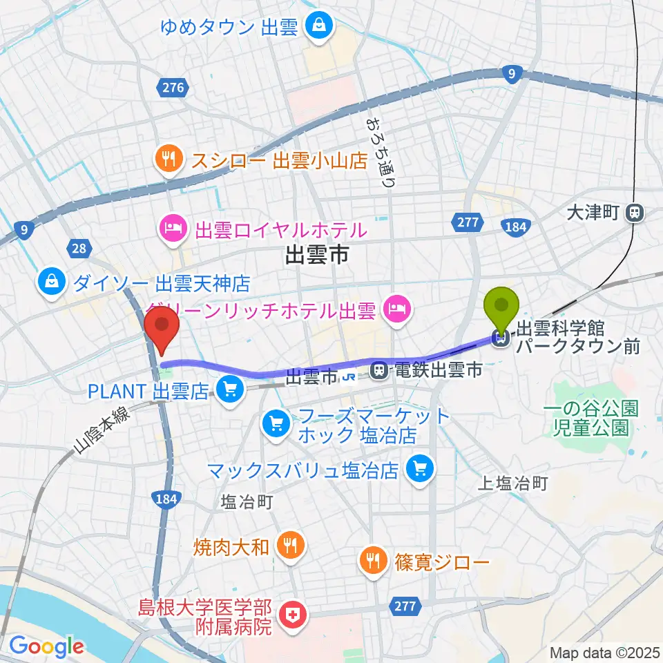 出雲科学館パークタウン前駅から出雲市民会館へのルートマップ地図