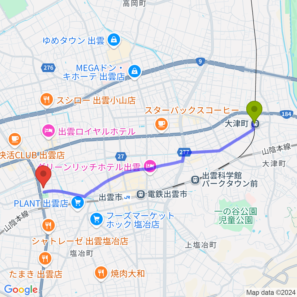 大津町駅から出雲市民会館へのルートマップ地図