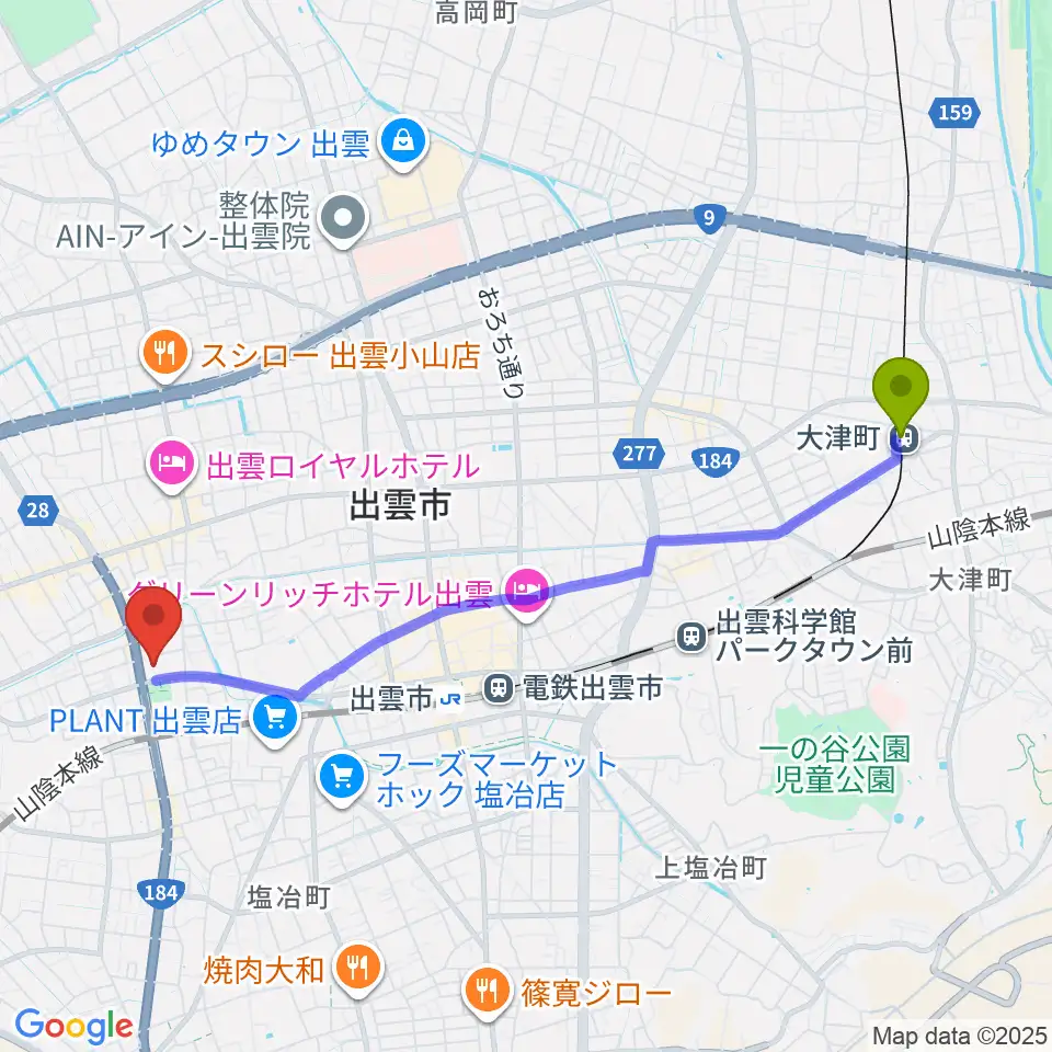 大津町駅から出雲市民会館へのルートマップ地図