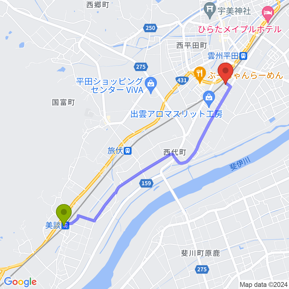 美談駅から平田文化館へのルートマップ地図