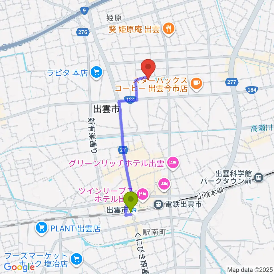 出雲芸術アカデミー音楽院の最寄駅出雲市駅からの徒歩ルート（約15分）地図