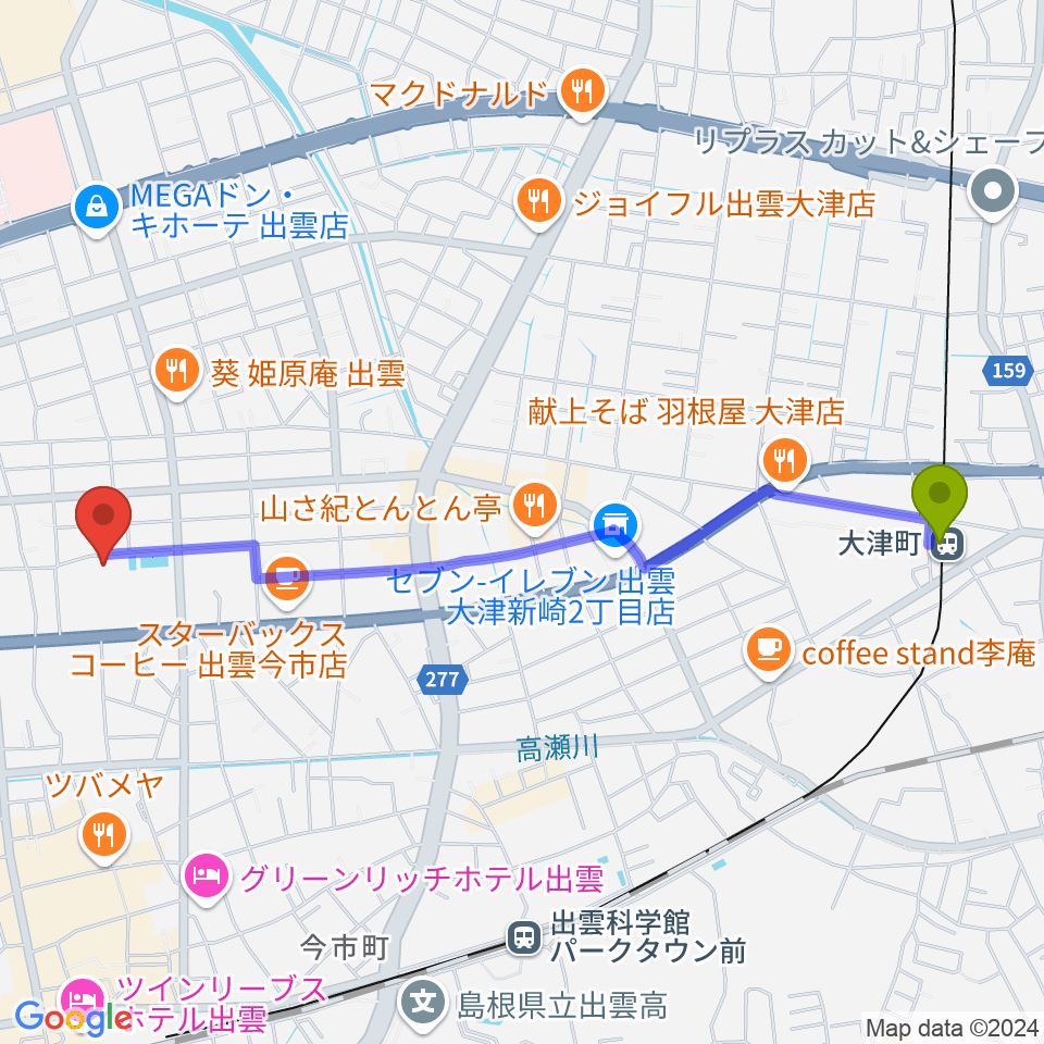 大津町駅から出雲芸術アカデミー音楽院へのルートマップ地図